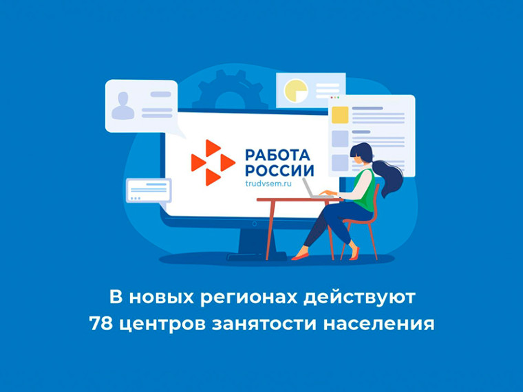 В новых регионах действуют 78 центров занятости населения. В новых регионах действуют 78 центров занятости населения.